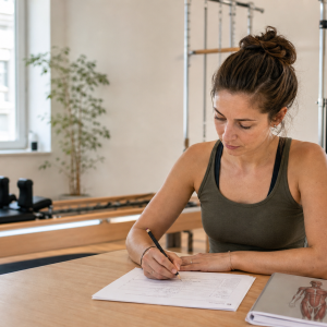 Student writing on the Level 1 Theory Examination answer sheet, with an anatomy binder and Reformer in the background